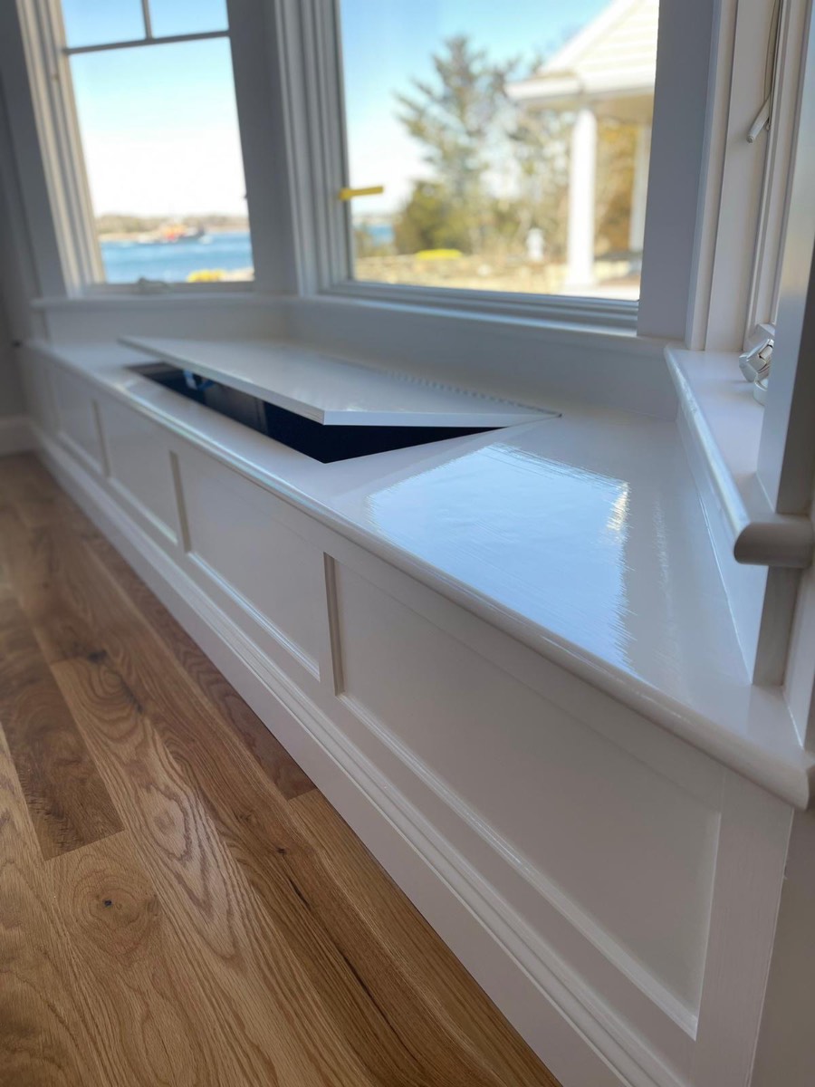 Custom natural wood trim and beadboard ceiling detail