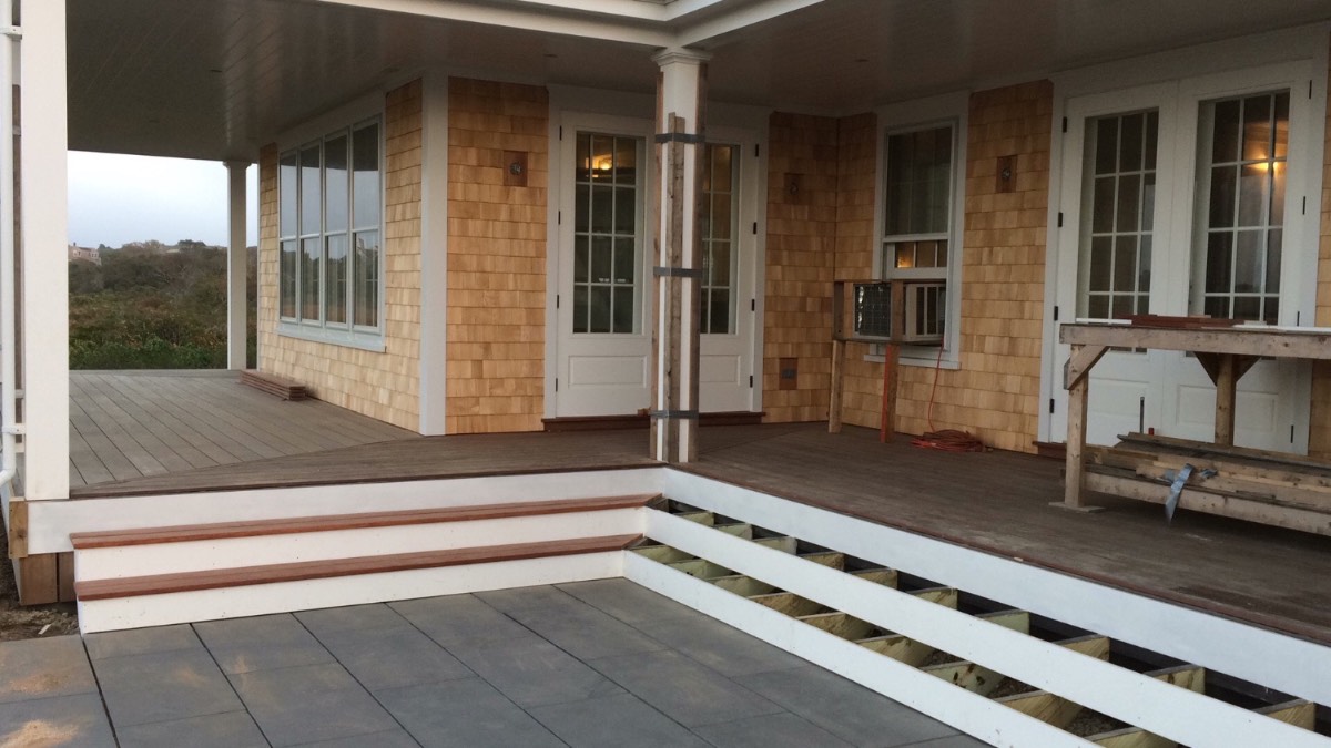 Custom cedar-shingle porch with mahogany decking, Cape Cod
