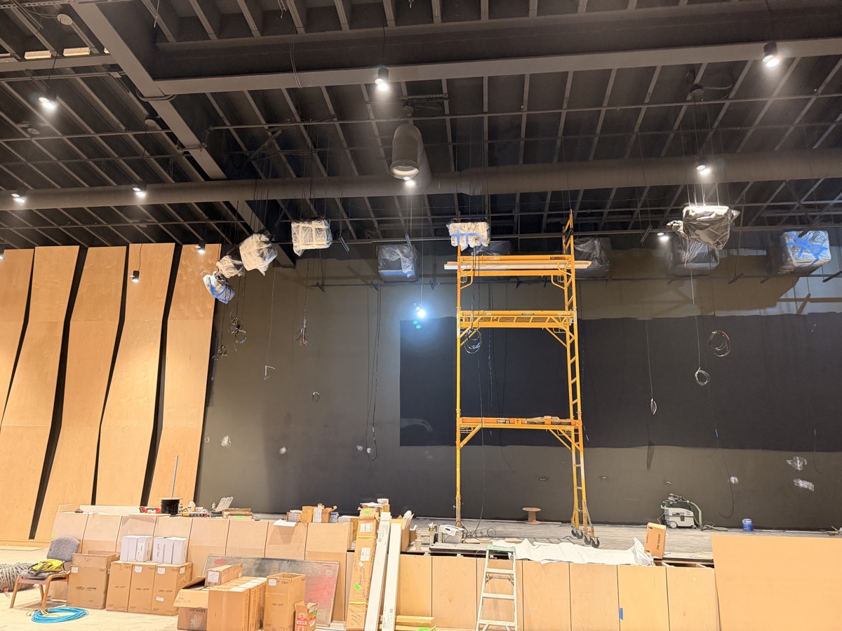 Suspended acoustic wood ceiling clouds at Reach Church